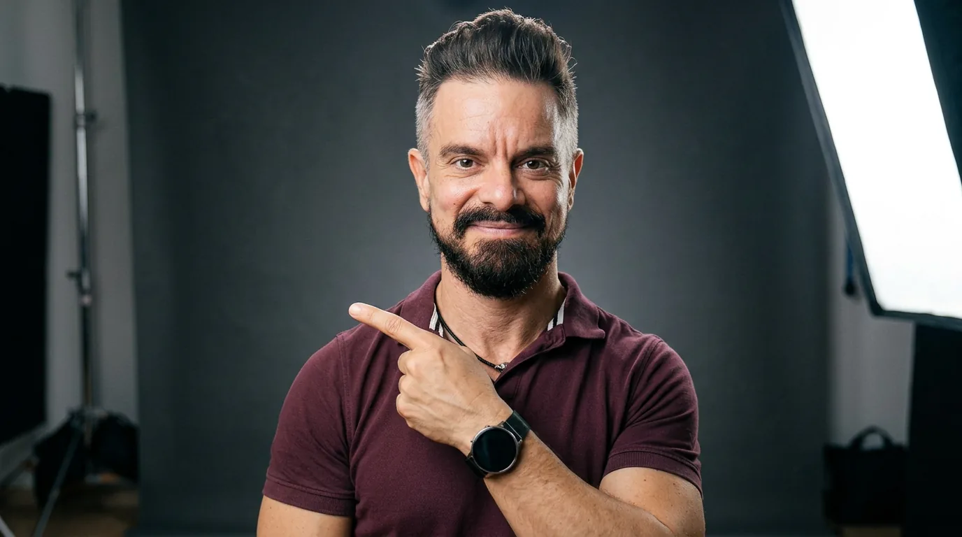 JJ Priego en su estudio de grabación, señalando hacia el texto.
